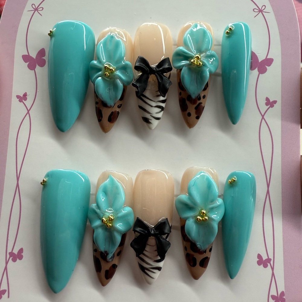 Turquoise and Animal Print Press-On Nails